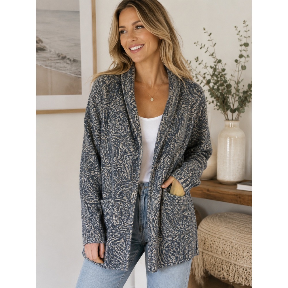 Pure Jill J.Jill Blue Paisley Knit Cardigan Sweater Women Medium Pockets Relaxed